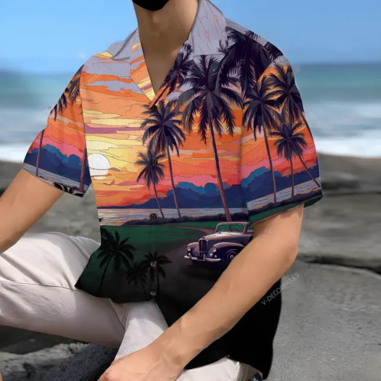 Tropical Palm Tree Sunset Hawaiian Shirts, Vintage Hawaii Beach Shirt, Hawaiian Style Shirts, Casual Printed Beach Summer Shirt, Button Down Shirt