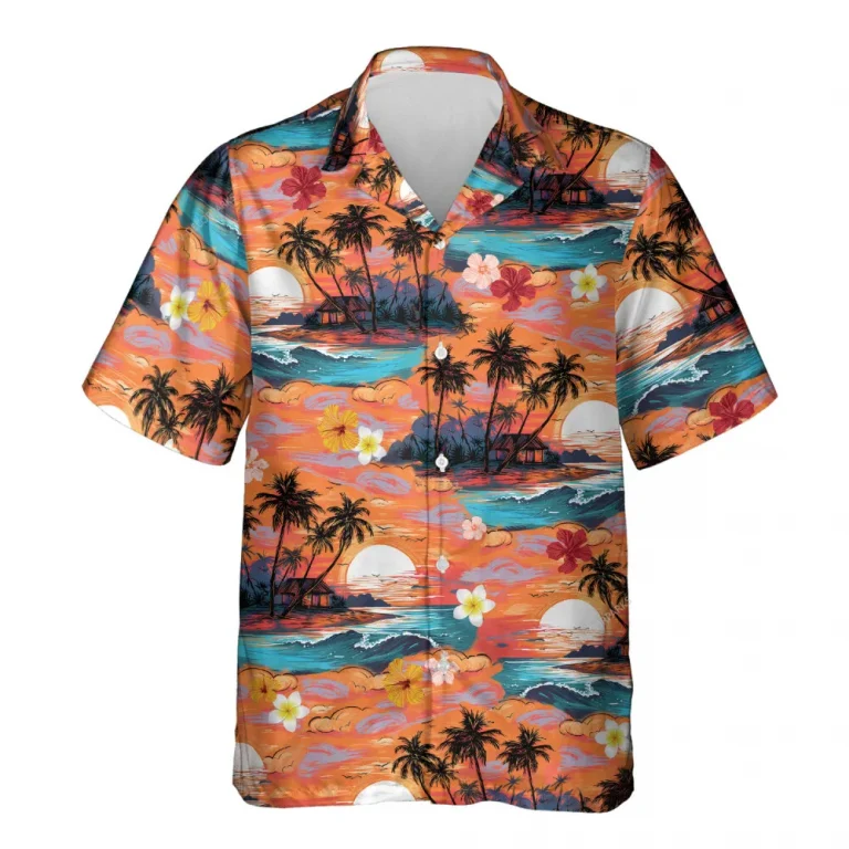 Tropical Sunset Hawaiian Shirt For Men Women, Aesthetic Sunset Aloha Button Down Short Sleeve Shirt, Palm Tree Hawaiian Beach Shirts