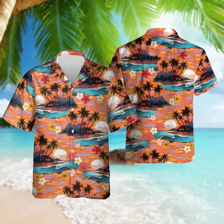Tropical Sunset Hawaiian Shirt For Men Women, Aesthetic Sunset Aloha Button Down Short Sleeve Shirt, Palm Tree Hawaiian Beach Shirts