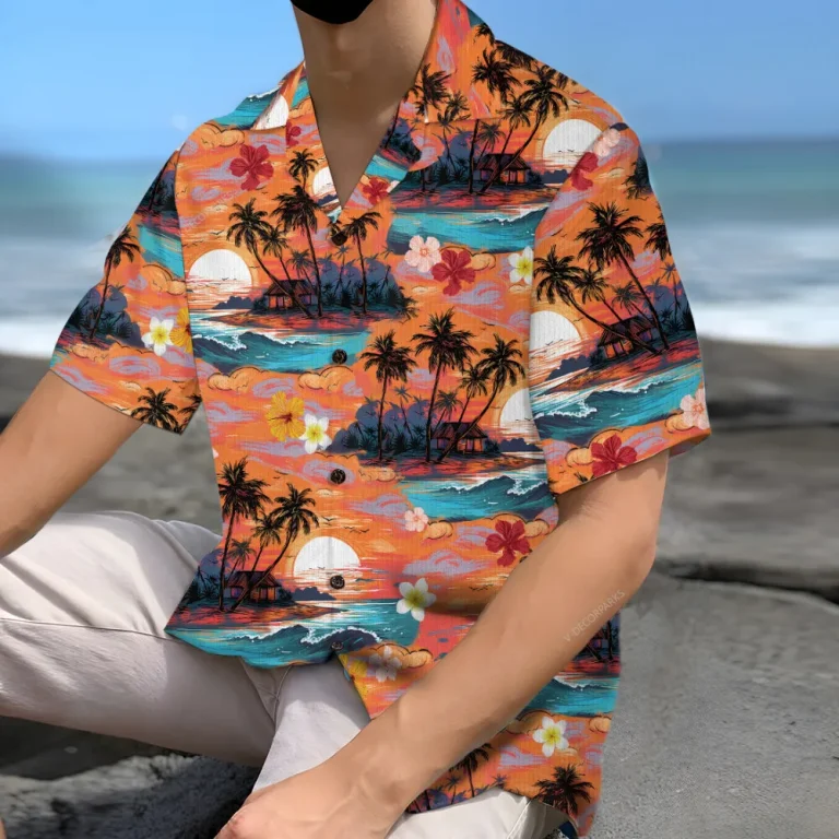 Tropical Sunset Hawaiian Shirt For Men Women, Aesthetic Sunset Aloha Button Down Short Sleeve Shirt, Palm Tree Hawaiian Beach Shirts