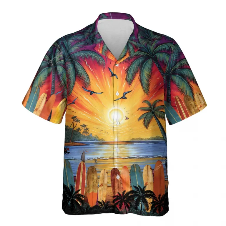 Sunset Surfboards Hawaiian Shirt For Men Women, Colorful Sunset Holiday Button Down Short Sleeve Shirt, Tropical Hawaiian Beach Shirts