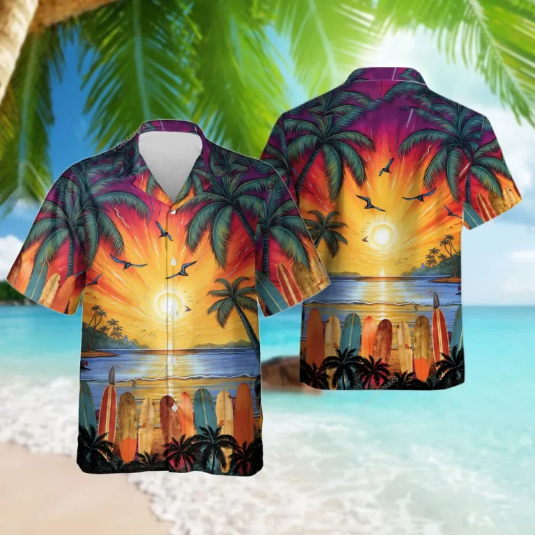 Sunset Surfboards Hawaiian Shirt For Men Women, Colorful Sunset Holiday Button Down Short Sleeve Shirt, Tropical Hawaiian Beach Shirts