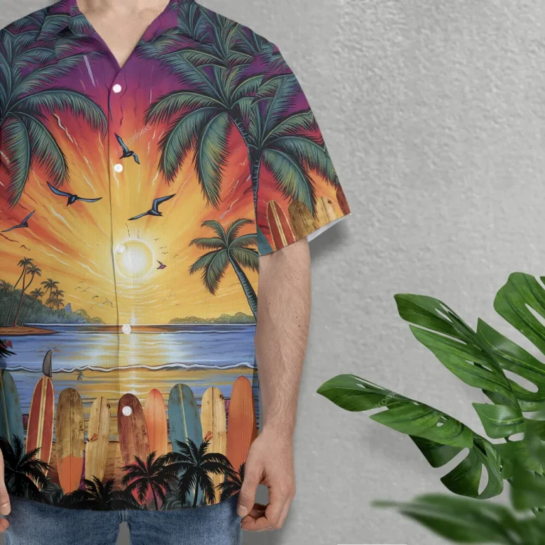 Sunset Surfboards Hawaiian Shirt For Men Women, Colorful Sunset Holiday Button Down Short Sleeve Shirt, Tropical Hawaiian Beach Shirts