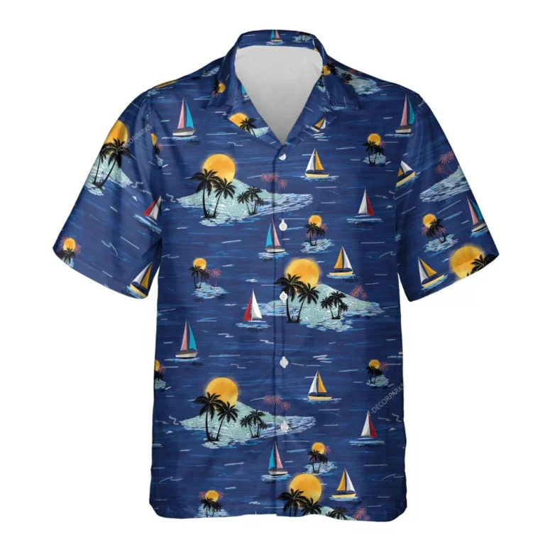 Sunset Tropical Hawaiian Shirt For Men Women, Colorful Sunset Aloha Button Down Short Sleeve Shirt, Sailboat Pattern Hawaiian Beach Shirts