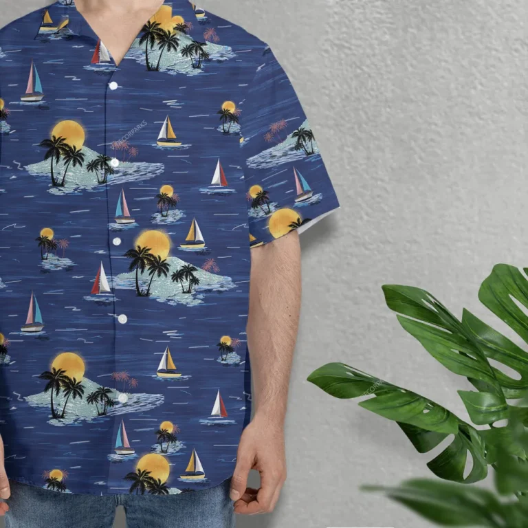 Sunset Tropical Hawaiian Shirt For Men Women, Colorful Sunset Aloha Button Down Short Sleeve Shirt, Sailboat Pattern Hawaiian Beach Shirts