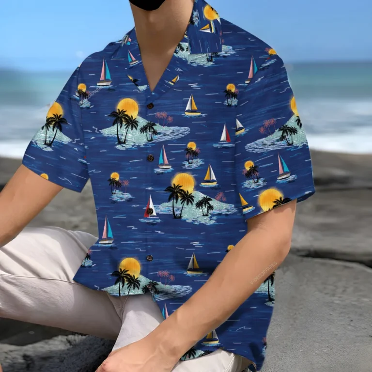 Sunset Tropical Hawaiian Shirt For Men Women, Colorful Sunset Aloha Button Down Short Sleeve Shirt, Sailboat Pattern Hawaiian Beach Shirts