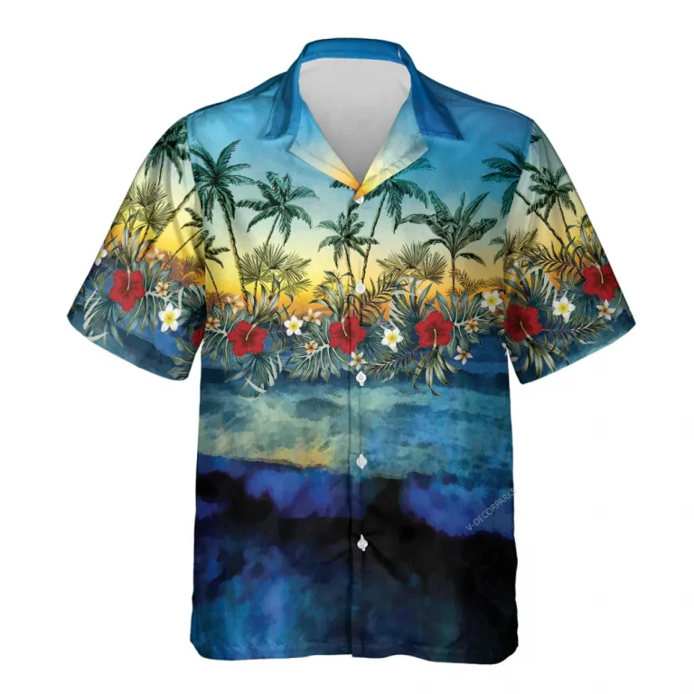 Sunset Forest Hawaiian Shirt For Men Women, Floral Sunset Button Down Short Sleeve Shirt, Tropical Palm Hibiscus Hawaiian Beach Shirts