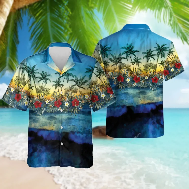 Sunset Forest Hawaiian Shirt For Men Women, Floral Sunset Button Down Short Sleeve Shirt, Tropical Palm Hibiscus Hawaiian Beach Shirts