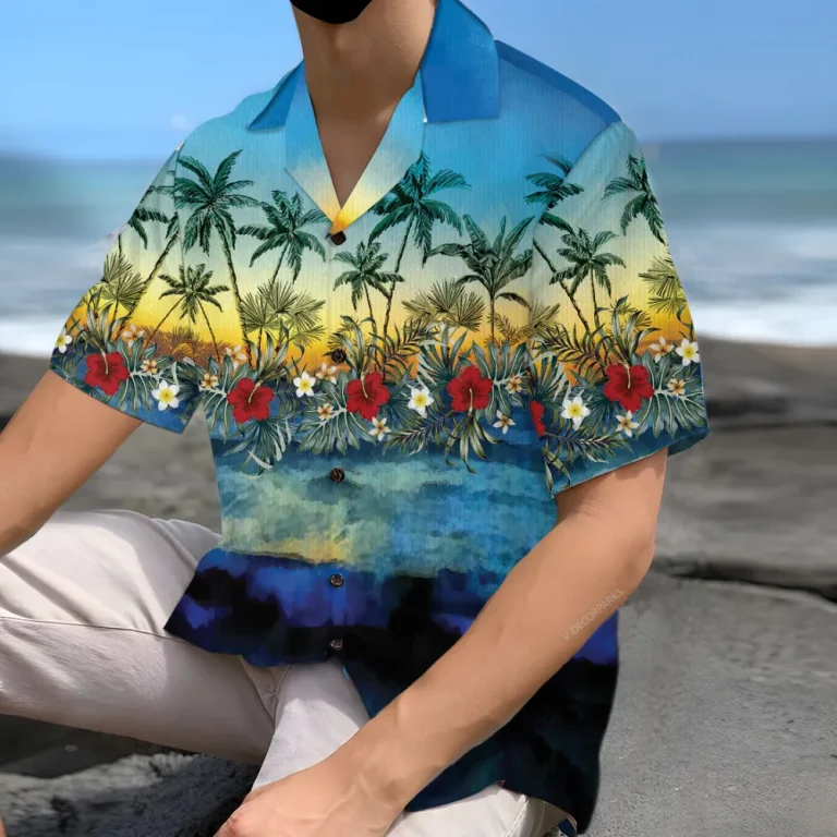 Sunset Forest Hawaiian Shirt For Men Women, Floral Sunset Button Down Short Sleeve Shirt, Tropical Palm Hibiscus Hawaiian Beach Shirts