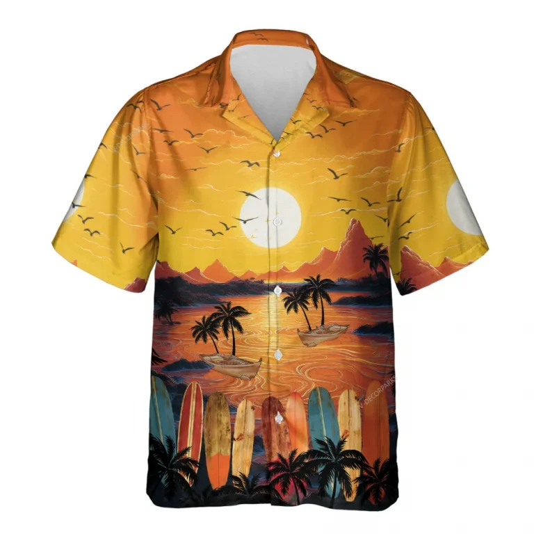 Surfboards Sunset Hawaiian Shirt For Men Women, Colorful Sunset Holiday Button Down Short Sleeve Shirt, Tropical Hawaiian Beach Shirts