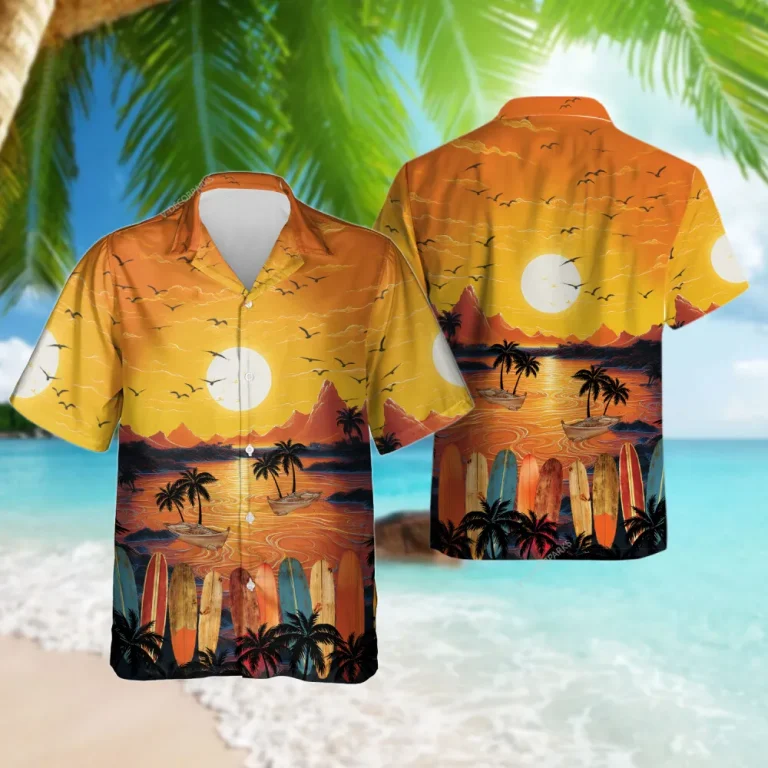 Surfboards Sunset Hawaiian Shirt For Men Women, Colorful Sunset Holiday Button Down Short Sleeve Shirt, Tropical Hawaiian Beach Shirts