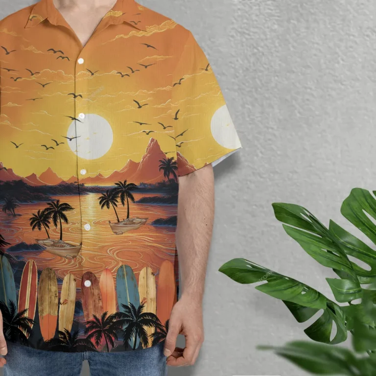 Surfboards Sunset Hawaiian Shirt For Men Women, Colorful Sunset Holiday Button Down Short Sleeve Shirt, Tropical Hawaiian Beach Shirts