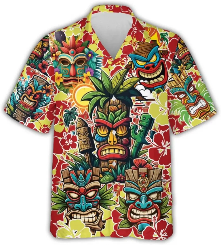 Tiki And Hibiscus Flower Hawaiian Shirts For Men Women, Tiki Tropical Pattern Shirt, Casual Button Down Hawaiian Shirts Short Sleeve, Beach Shirt