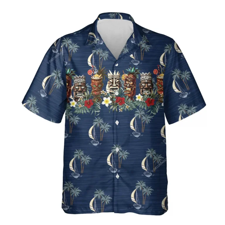 Vintage Tiki Pattern Hawaiian Shirts For Men Women, Retro Tiki Mask Button Down Hawaiian Shirts, Tropical Summer Aloha Beach Shirt