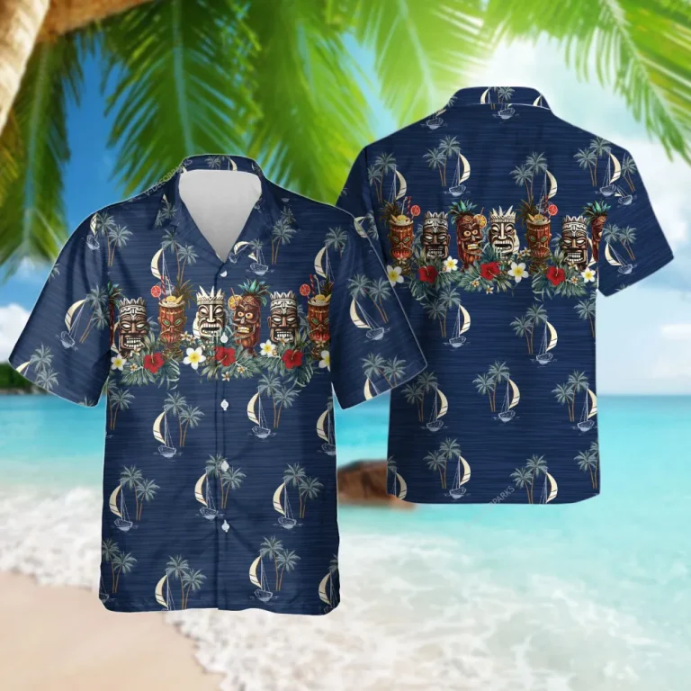 Vintage Tiki Pattern Hawaiian Shirts For Men Women, Retro Tiki Mask Button Down Hawaiian Shirts, Tropical Summer Aloha Beach Shirt