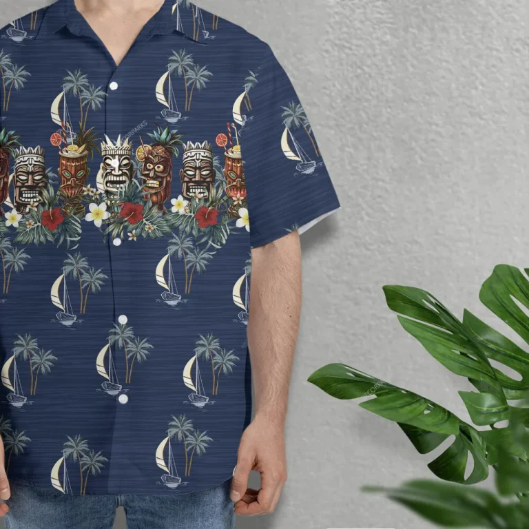 Vintage Tiki Pattern Hawaiian Shirts For Men Women, Retro Tiki Mask Button Down Hawaiian Shirts, Tropical Summer Aloha Beach Shirt