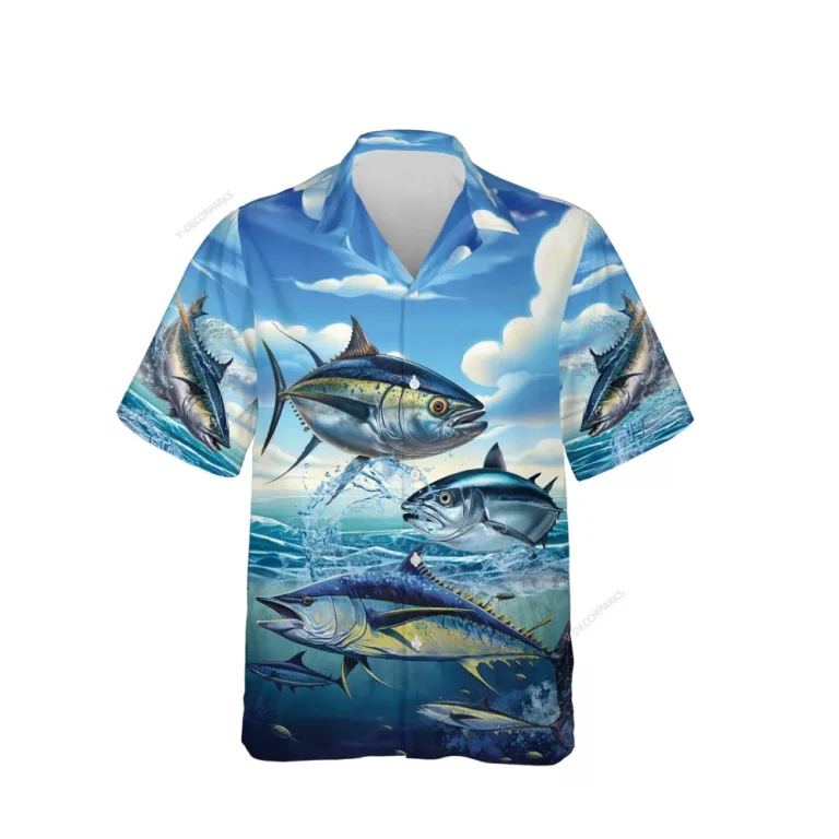 Ocean Tuna Unisex Hawaiian Shirts, Tuna Fisherman Aloha Beach Shirt, Sea Animals Button Down Short Sleeve Shirts Gifts For Men Women