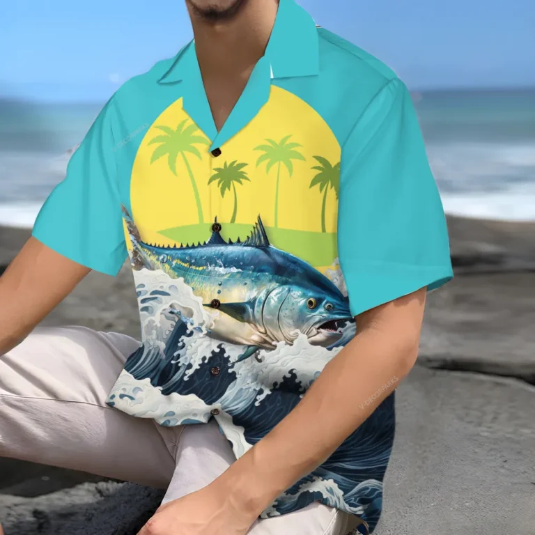 Tropical Unisex Hawaiian Shirts, Tuna Fishing Aloha Beach Shirt, Fishing Crew Button Down Short Sleeve Shirts Gifts For Men Women