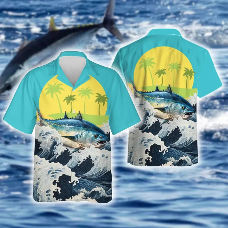 Tropical Unisex Hawaiian Shirts, Tuna Fishing Aloha Beach Shirt, Fishing Crew Button Down Short Sleeve Shirts Gifts For Men Women