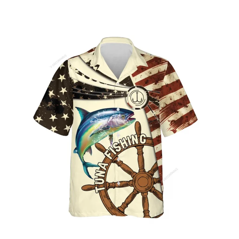 Us Flag Tuna Fishing Unisex Hawaiian Shirts, American Tuna Fisherman Aloha Beach Shirt, Patriotic Crew Button Down Short Sleeve Shirts