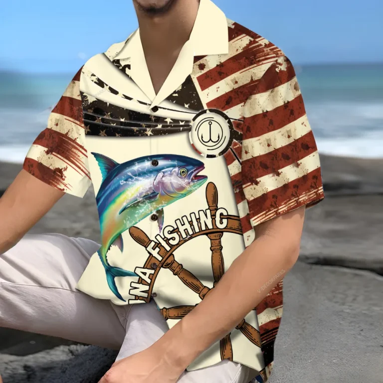 Us Flag Tuna Fishing Unisex Hawaiian Shirts, American Tuna Fisherman Aloha Beach Shirt, Patriotic Crew Button Down Short Sleeve Shirts