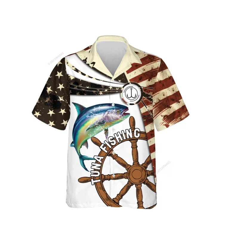 American Tuna Fishing Unisex Hawaiian Shirts, Us Flag Tuna Aloha Beach Shirt, Fishing Crew Button Down Short Sleeve Shirts Gifts For Men Women