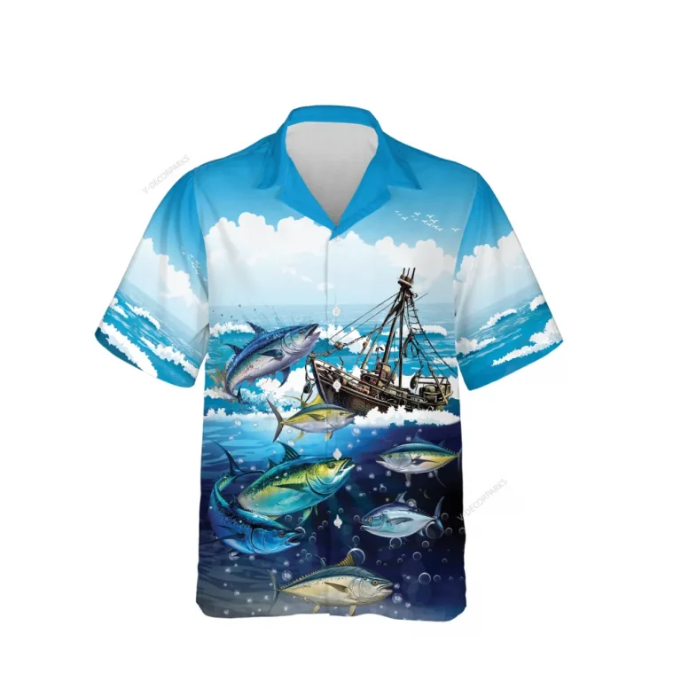 Tuna Fishing Ship Unisex Hawaiian Shirts, Tuna Fisherman Aloha Beach Shirt, Fishing Boat Button Down Short Sleeve Shirts Gifts For Men Women