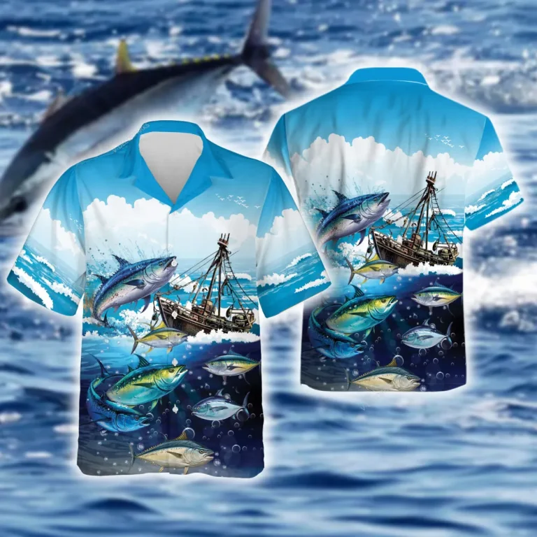 Tuna Fishing Ship Unisex Hawaiian Shirts, Tuna Fisherman Aloha Beach Shirt, Fishing Boat Button Down Short Sleeve Shirts Gifts For Men Women