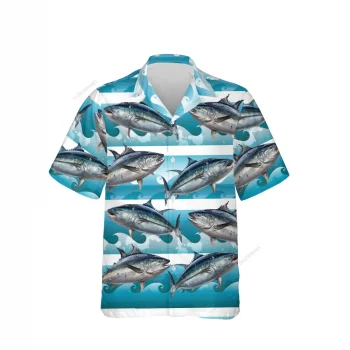 Tuna Waves Unisex Hawaiian Shirts, Tuna Fishing Aloha Beach Shirt, Fishing Crew Button Down Short Sleeve Shirts Gifts For Men Women