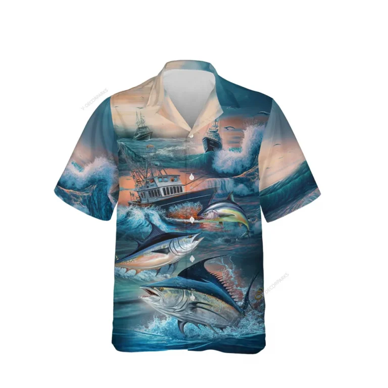 Tuna Fishing Unisex Hawaiian Shirts, Tuna Fisherman Aloha Beach Shirt, Fishing Crew Button Down Short Sleeve Shirts Gifts For Men Women