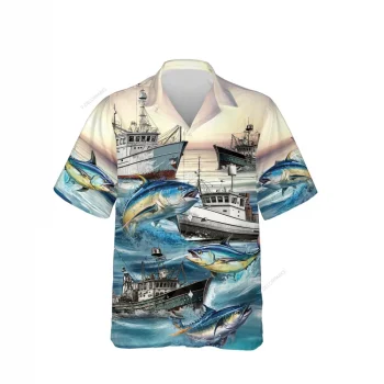 Tuna Ship Unisex Hawaiian Shirts, Tuna Fishing Crew Aloha Beach Shirt, Fishing Boat Button Down Short Sleeve Shirts Gifts For Men Women