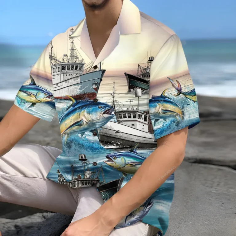 Tuna Ship Unisex Hawaiian Shirts, Tuna Fishing Crew Aloha Beach Shirt, Fishing Boat Button Down Short Sleeve Shirts Gifts For Men Women