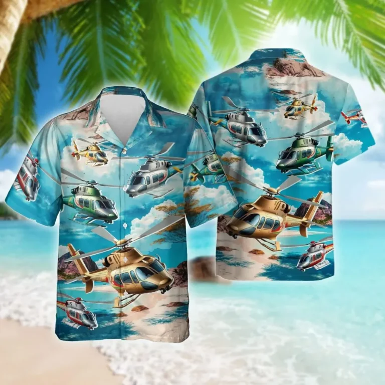 Helicopter Hawaiian Shirt For Men, Tropical Summer Beach Plane 3d Printed Hawaiian Shirt For Mens, Helicopter Casual Button Down Shirt Short Sleeve