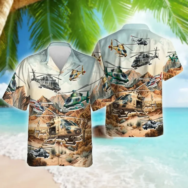 Helicopters And Desert Hawaiian Shirt For Men, Aircaft Shirt, Airplane Casual Button Down Hawaiian Shirt, Aloha Beach Shirt, Vintage Aloha Shirt