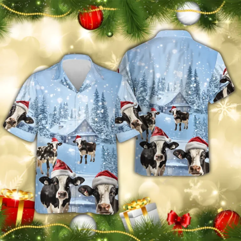 Fresian Cow Christmas Hawaiian Shirts, Snowy Christmas Farm Hawaiian Beach Shirts, Cow Lovers Button Down Short Sleeve Shirts, Xmas Gifts Aloha Shirts