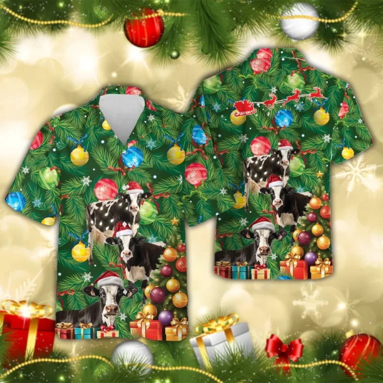 Fresian Cow Christmas Hawaiian Shirts, Christmas Tree Hawaiian Beach Shirts, Cow Lovers Button Down Short Sleeve Shirts, Xmas Gifts Aloha Shirts