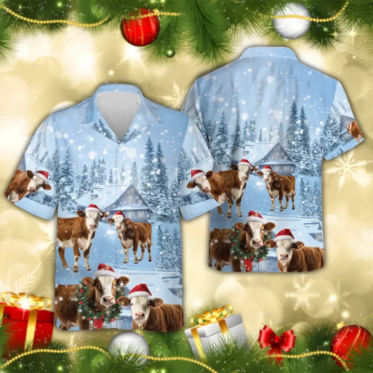 Simmental Cattle Christmas Hawaiian Shirts, Snowy Christmas Farm Hawaiian Beach Shirt, Cow Lovers Button Down Short Sleeve Shirts, Xmas Aloha Shirts