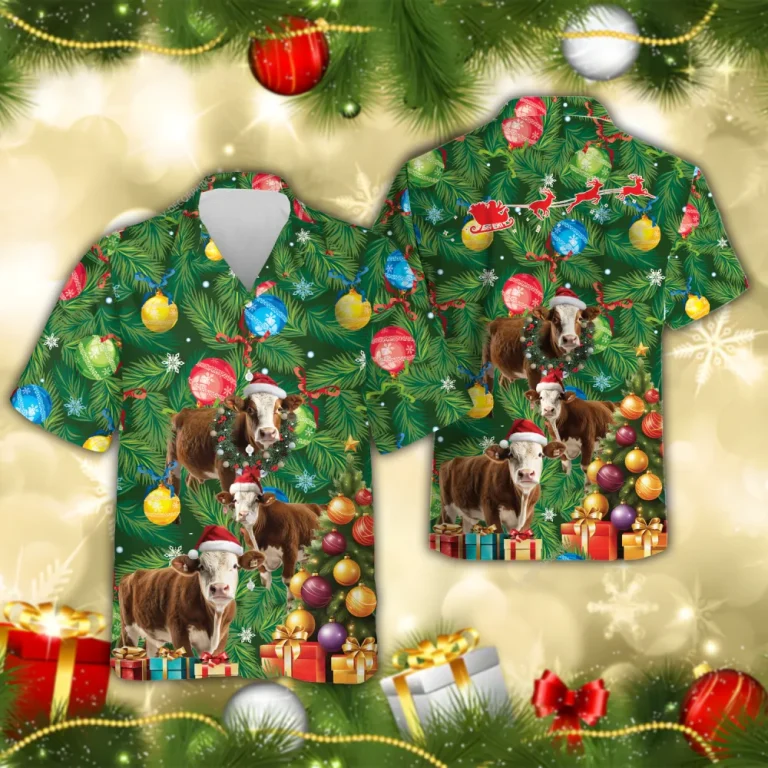 Simmental Cattle Christmas Hawaiian Shirts, Christmas Tree Hawaiian Beach Shirts, Cow Lover Button Down Short Sleeve Shirts, Xmas Gifts Aloha Shirts