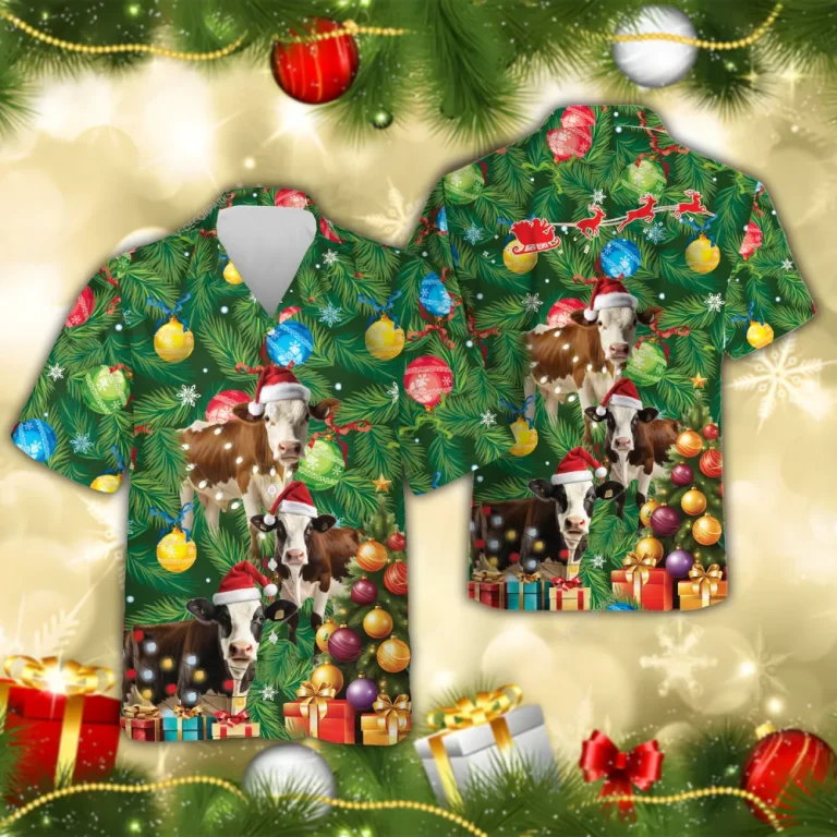 Dairy Catlle Cow Christmas Hawaiian Shirts, Christmas Tree Hawaiian Beach Shirts, Cow Lovers Button Down Short Sleeve Shirts, Xmas Gifts Aloha Shirts