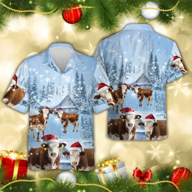Hereford Cow Christmas Hawaiian Shirts, Snowy Christmas Farm Hawaiian Beach Shirts, Cow Lovers Button Down Short Sleeve Shirts, Xmas Gifts Aloha Shirt