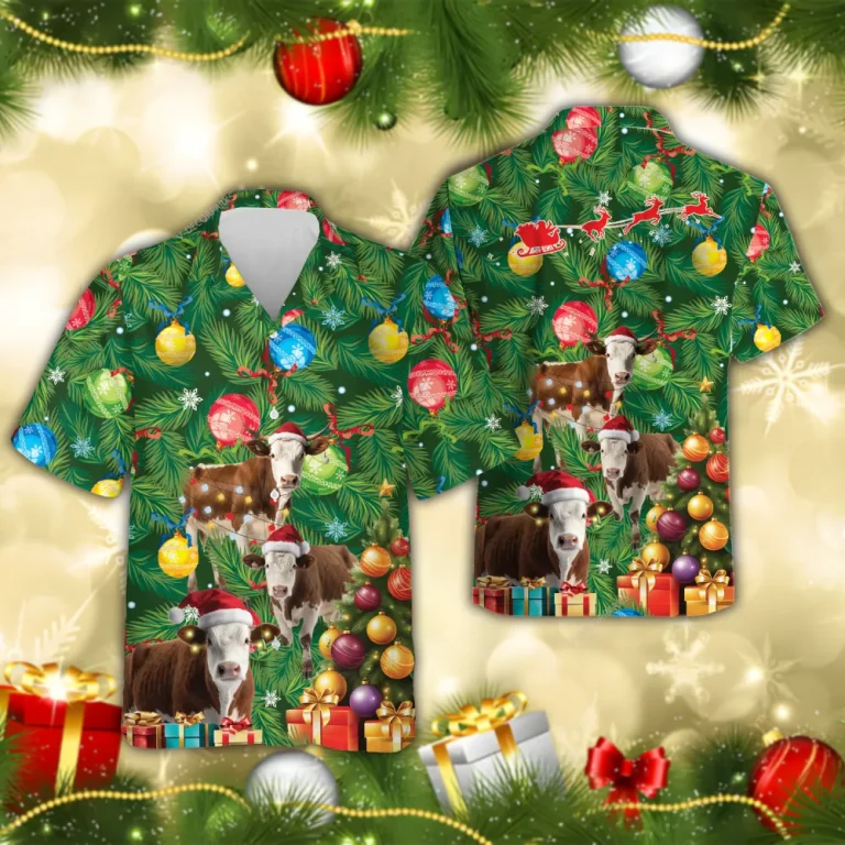 Hereford Cow Christmas Hawaiian Shirts, Christmas Tree Hawaiian Beach Shirts, Cow Lovers Button Down Short Sleeve Shirts, Xmas Gifts Aloha Shirts