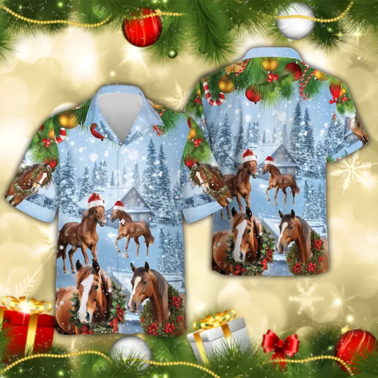 Santa Horse Christmas Hawaiian Shirts, Snowy Christmas Farm Barn Hawaiian Beach Shirt, Horse Lovers Button Down Short Sleeve Shirts, Xmas Aloha Shirts