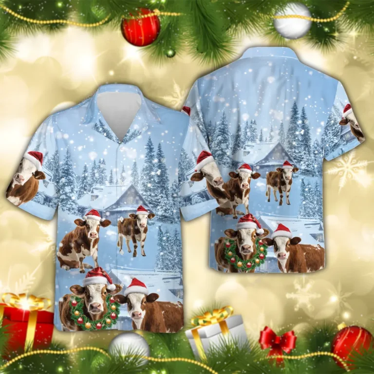 Shorthorn Cow Christmas Hawaiian Shirts, Snowy Christmas Farm Hawaiian Beach Shirt, Cow Lovers Button Down Short Sleeve Shirts, Xmas Gifts Aloha Shirt