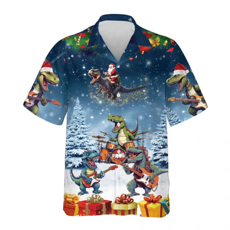 Santa Dinosaurs Christmas Hawaiian Shirts, Music Band Chirtsmas Hawaiian Beach Shirt, Christmas Button Down Short Sleeve Shirts, Xmas Aloha Shirts