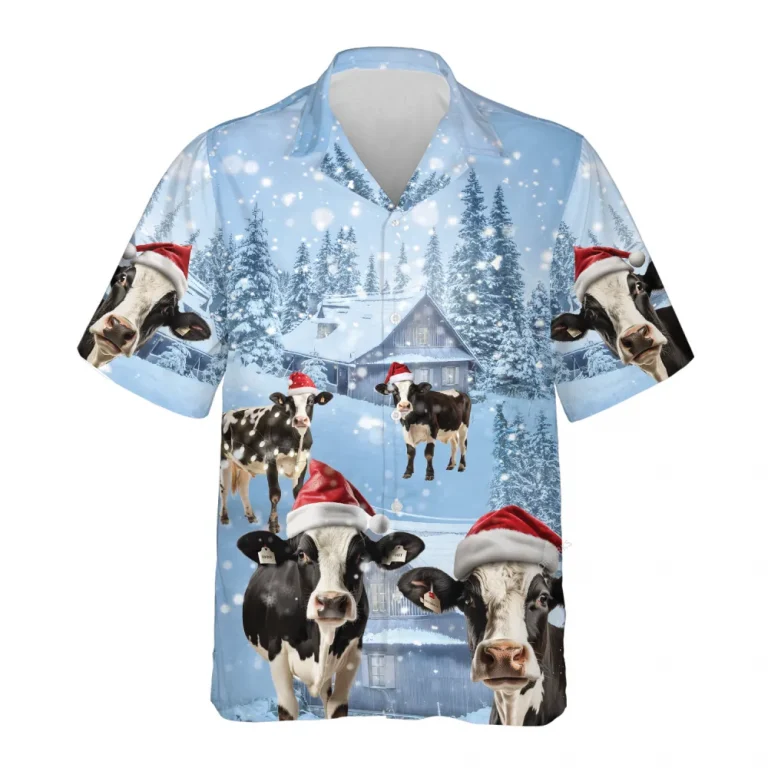 Fresian Cow Christmas Hawaiian Shirts, Snowy Christmas Farm Hawaiian Beach Shirts, Cow Lovers Button Down Short Sleeve Shirts, Xmas Gifts Aloha Shirts