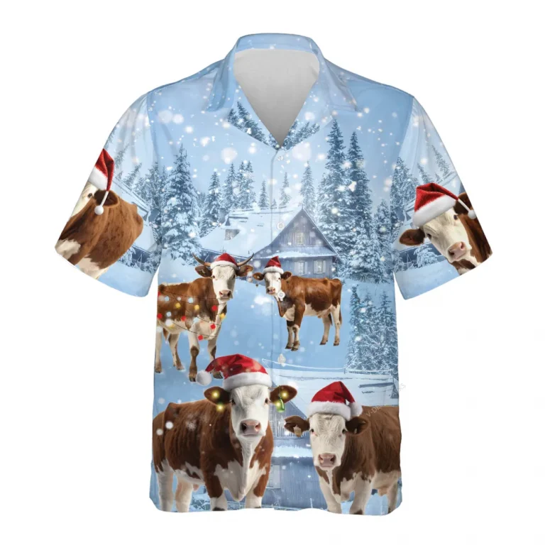 Hereford Cow Christmas Hawaiian Shirts, Snowy Christmas Farm Hawaiian Beach Shirts, Cow Lovers Button Down Short Sleeve Shirts, Xmas Gifts Aloha Shirt