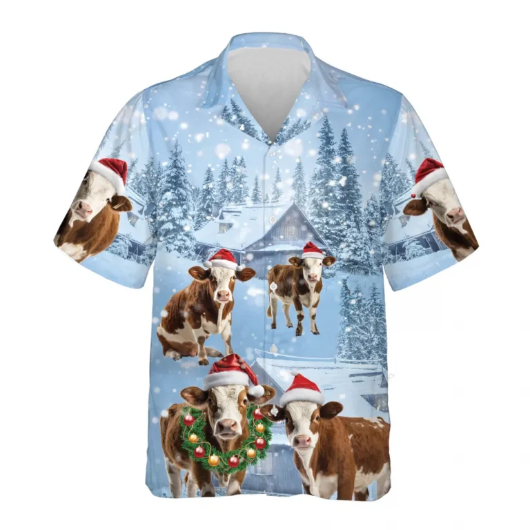Shorthorn Cow Christmas Hawaiian Shirts, Snowy Christmas Farm Hawaiian Beach Shirt, Cow Lovers Button Down Short Sleeve Shirts, Xmas Gifts Aloha Shirt
