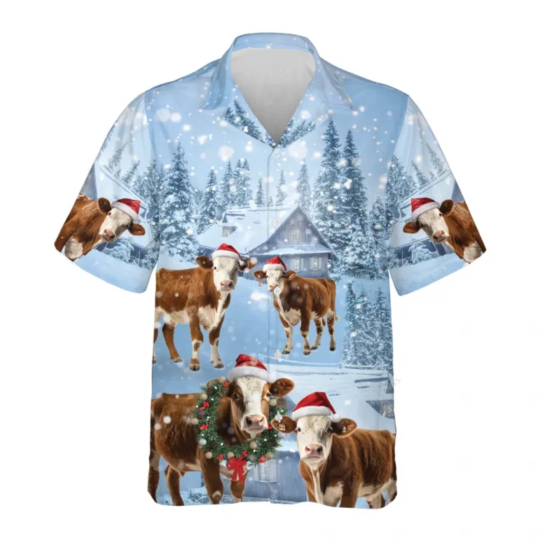 Simmental Cattle Christmas Hawaiian Shirts, Snowy Christmas Farm Hawaiian Beach Shirt, Cow Lovers Button Down Short Sleeve Shirts, Xmas Aloha Shirts