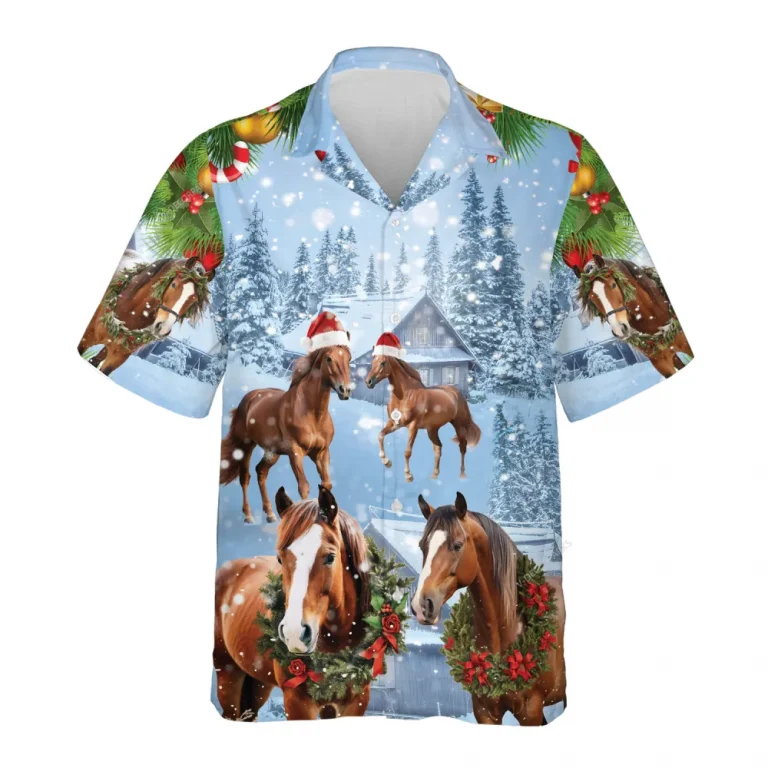 Santa Horse Christmas Hawaiian Shirts, Snowy Christmas Farm Barn Hawaiian Beach Shirt, Horse Lovers Button Down Short Sleeve Shirts, Xmas Aloha Shirts