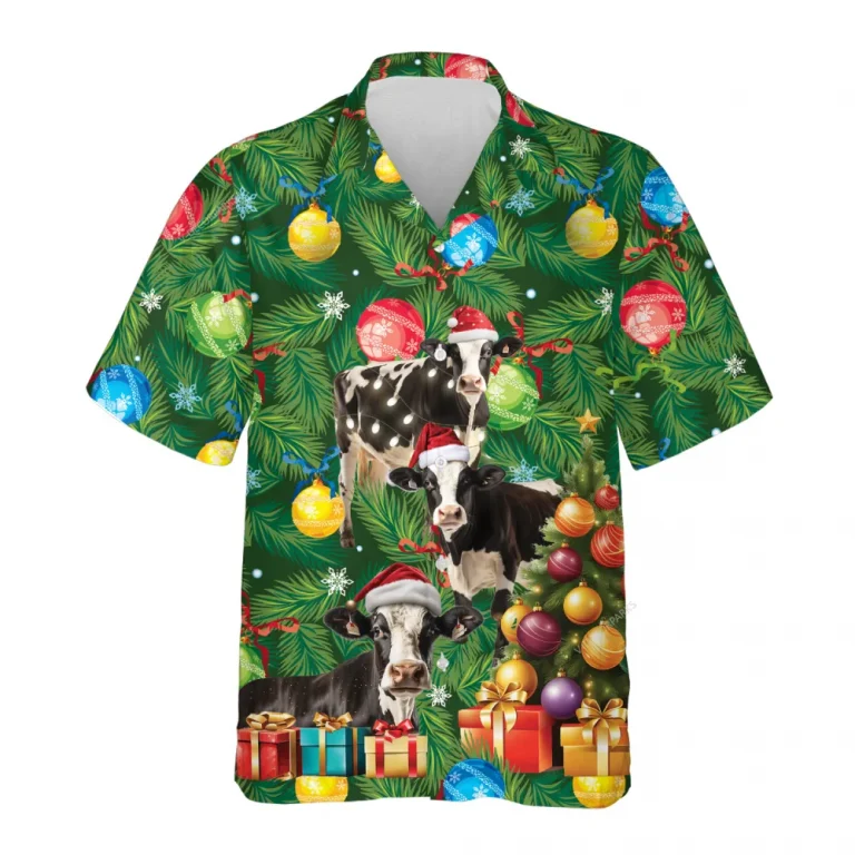 Fresian Cow Christmas Hawaiian Shirts, Christmas Tree Hawaiian Beach Shirts, Cow Lovers Button Down Short Sleeve Shirts, Xmas Gifts Aloha Shirts